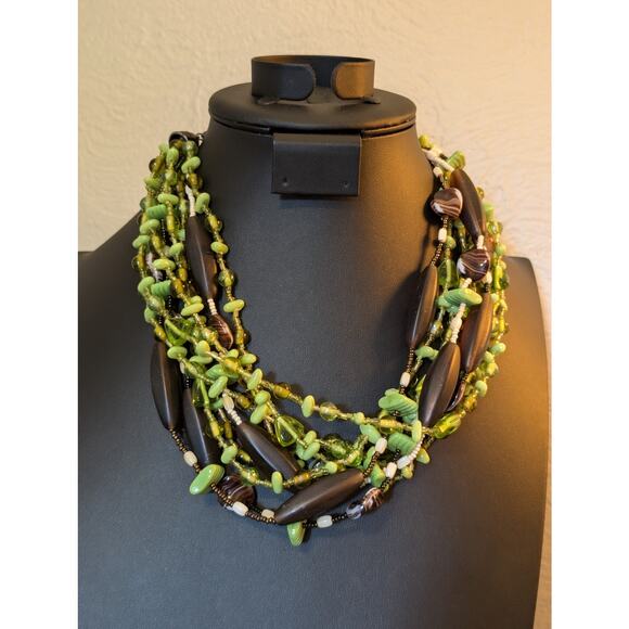 Spring Green Cream & Brown Glass Bead Multi-Strand Choker Necklace - Picture 7 of 7